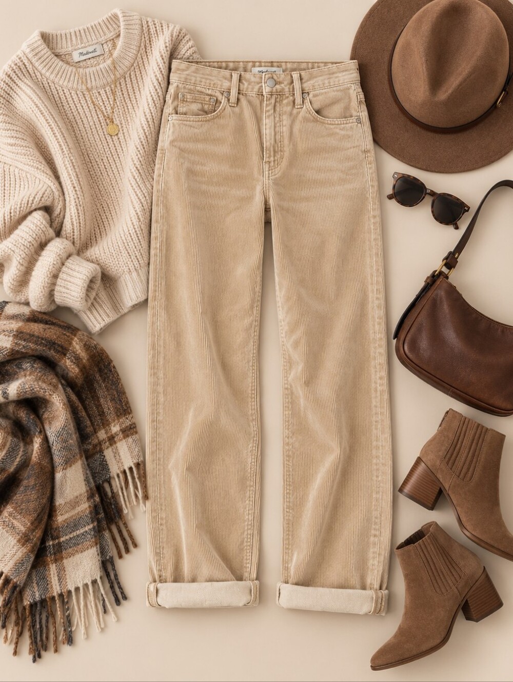 Risen High Rise Corduroy Barrel Jeans Tan Neutral Cuffed Ankle Crop Various NEW - Picture 4 of 8